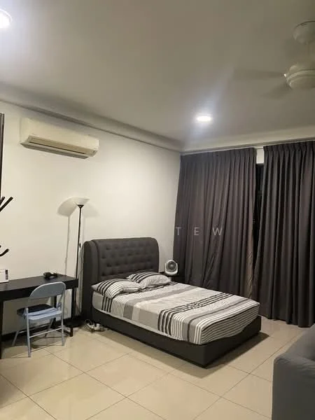 Bedroom features: queen-size bed with upholstered headboard, striped bedding, 2-blade ceiling fan, wall-mounted air conditioning unit, grey curtains, white painted walls, tile flooring, desk with chair, table lamp, small fan; style: modern.