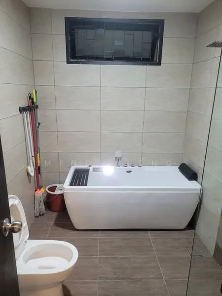 Bathroom features: freestanding bathtub, one-piece toilet, tile cladding on walls, dark ceramic tile flooring, window with black grille, shower area with glass enclosure, mop and broom storage, red bucket; style: modern.