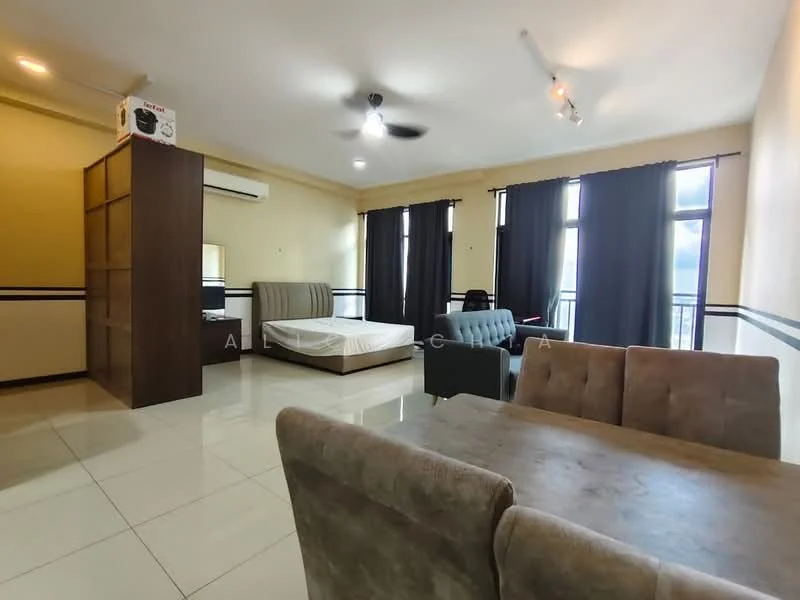 Living features: cream painted walls, white ceiling, 5-blade ceiling fan with light, floor-to-ceiling windows, blackout curtains, tile flooring, sofa bed, dining table with chairs, wooden partition, air conditioning unit; style: modern.