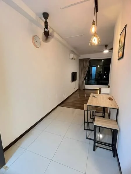 Living features: white painted walls, glossy ceramic tile flooring, wood laminate flooring, 1 wall-mounted split AC, pendant light with exposed bulb, wall clock, TV console, small dining table with black metal frame, curtains, floor-to-ceiling windows; style: modern; view: city.
