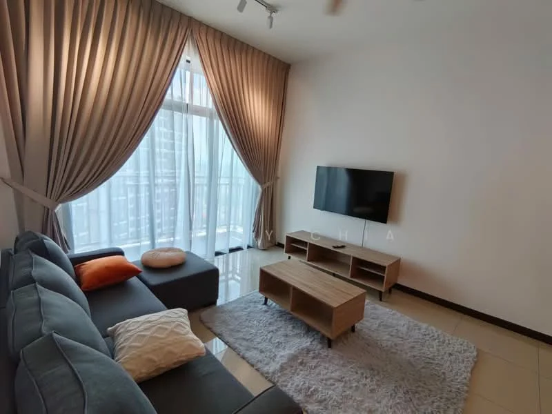 Living features: L-shape sectional sofa in grey, orange throw pillows, coffee table with wooden finish, TV console with open shelving, wall-mounted TV, floor-to-ceiling windows, sheer curtains, area rug with soft texture, polished tile flooring, recessed downlights, decorative wall, neutral painted walls; style: modern; view: city.