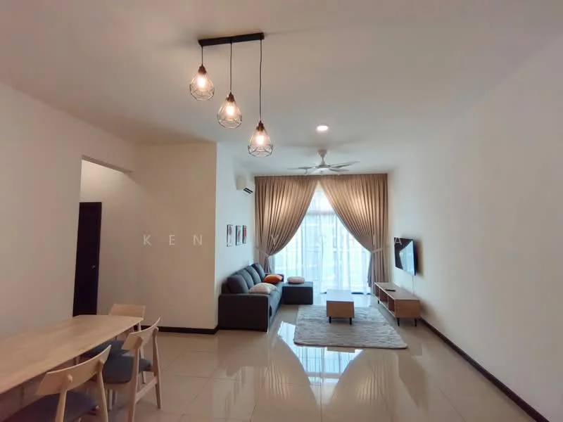 Living features: 3-seater fabric sofa in grey, coffee table, wall-mounted TV, area rug with geometric pattern, 5-blade ceiling fan with light, floor-to-ceiling windows, sheer curtains, recessed downlights, cream painted walls, polished tile flooring; style: modern. Dining features: 6-seater dining table, wooden dining chairs; style: modern.