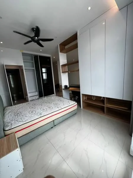 Bedroom features: queen-size bed, upholstered headboard, built-in wardrobe with sliding doors, open shelving, wall-mounted desk, marble tile flooring, 5-blade ceiling fan, recessed downlights, large window, neutral wall colour, decorative wall paneling; style: modern.