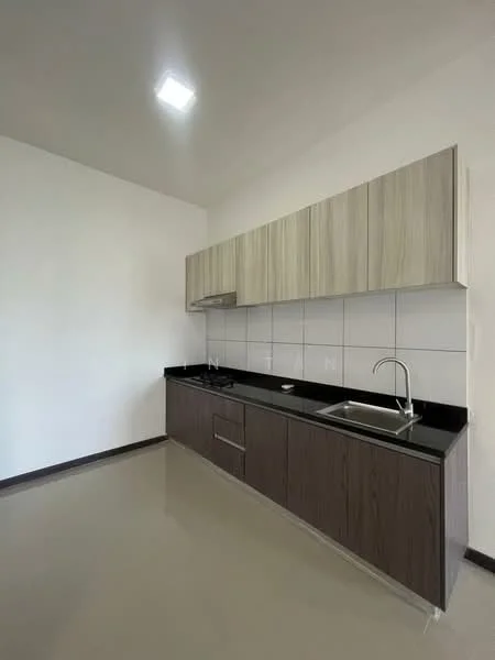 Kitchen features: laminate cabinetry in light wood, dark wood lower cabinets, black granite countertop, stainless-steel sink, chrome pull-down faucet, white tiled backsplash, recessed ceiling lights, polished concrete flooring; style: modern.