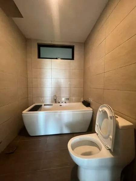 Bathroom features: freestanding bathtub, one-piece toilet, tile cladding on walls, dark ceramic tile flooring, window for natural light, modern faucet, built-in shower area, minimalist design; style: modern.