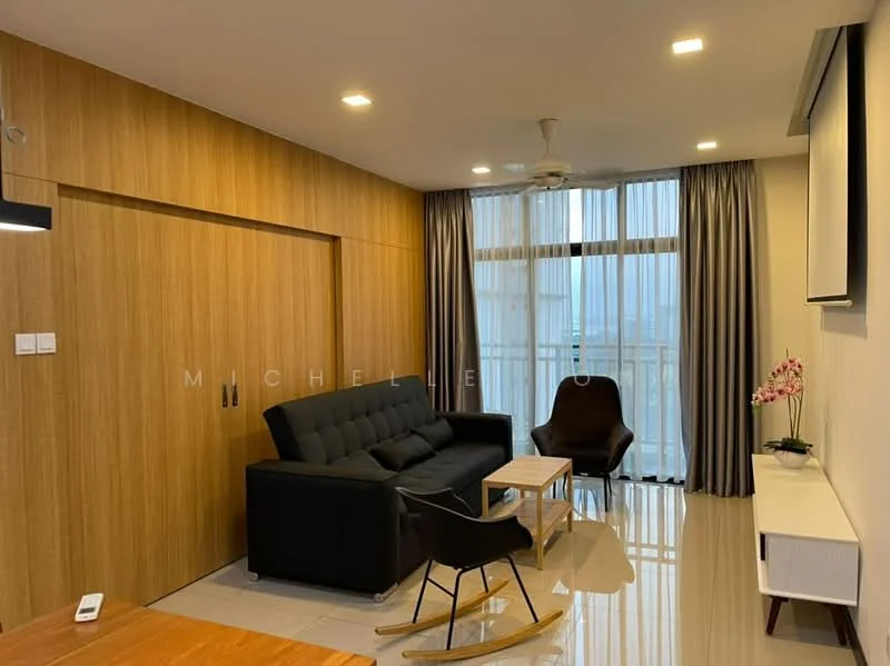 Living features: black fabric sofa, wooden coffee table, black dining chair, wooden feature wall, floor-to-ceiling windows, sheer curtains, recessed LED downlights, ceiling fan, TV mounted on wall, glossy tile flooring; style: modern; view: city.