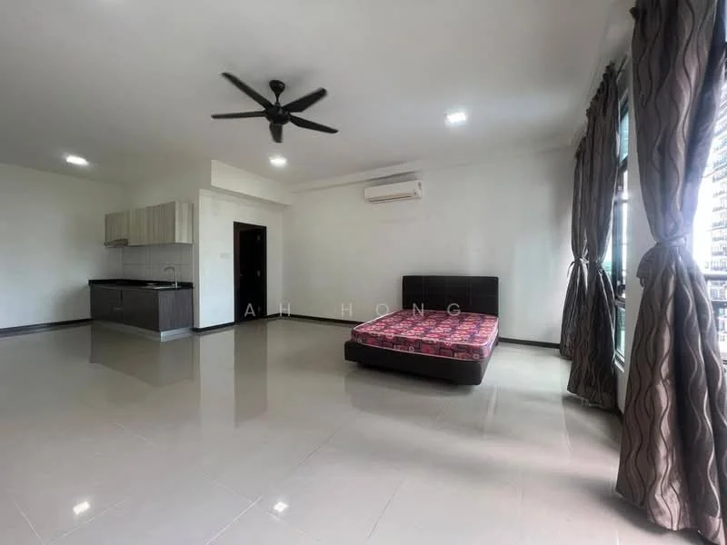 Living features: white painted walls, polished ceramic tile flooring, 5-blade ceiling fan with light, wall-mounted split AC, large window with sheer curtains, black leather bed frame, mattress on bed frame, kitchenette with upper cabinets, recessed downlights; style: modern.