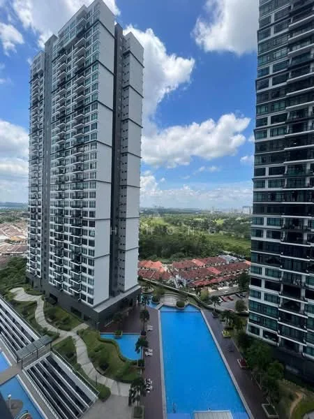 Exterior type: high-rise condominium; features: two high-rise buildings, infinity pool, landscaped garden, pool deck with loungers, surrounding greenery, city skyline in background, manicured pathways, outdoor seating areas; style: modern.