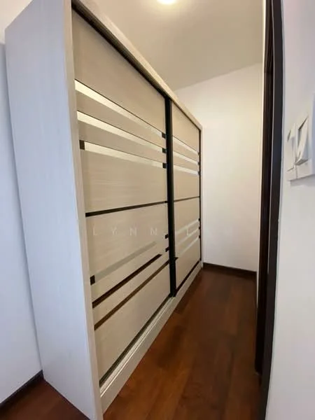 Room features: sliding wardrobe with wooden finish, horizontal stripes on wardrobe doors, dark wood flooring, white walls, ceiling light fixture; style: modern.