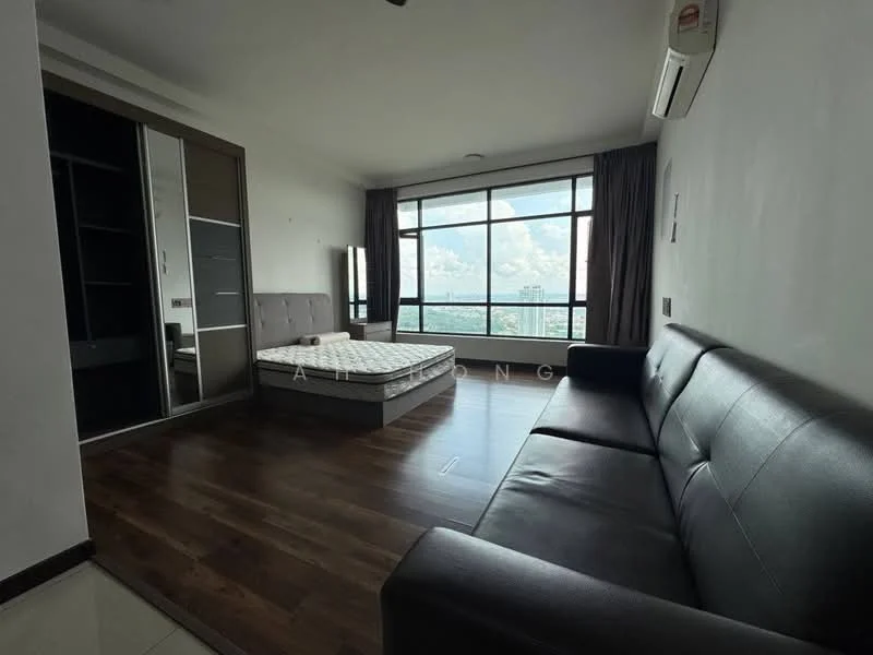 Bedroom features: king-size bed, upholstered headboard, floor-to-ceiling windows, city view, dark brown leather sofa, built-in wardrobe with sliding doors, wooden flooring, air conditioning unit, curtains, decorative wall, light switch; style: modern; view: city.