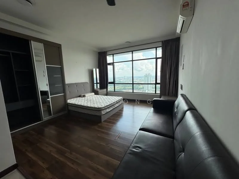 Bedroom features: queen-size bed, upholstered headboard, floor-to-ceiling windows, city view, dark wood flooring, black leather sofa, built-in wardrobe with sliding doors, air conditioning unit, curtains, decorative wall, light fixture; style: modern; view: city.