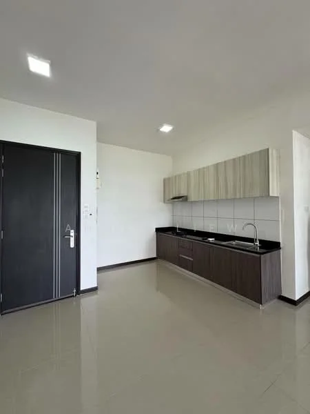 Kitchen features: black granite countertop, light wood cabinetry, stainless-steel sink, chrome pull-down faucet, white tiled backsplash, built-in kitchen cabinets, recessed LED downlights, ceramic tile flooring, single door, wall-mounted electrical outlets; style: modern.