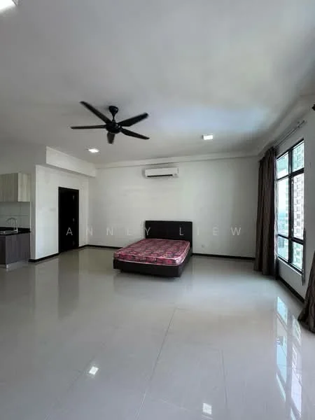 Bedroom features: king-size bed, 5-blade ceiling fan, wall-mounted split AC, large windows, grey curtains, white painted walls, glossy tile flooring, built-in wardrobe, open layout, natural light; style: modern; view: city.
