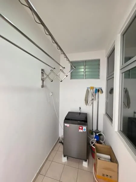 Laundry features: top-load washing machine, metal drying rack, white painted walls, tile flooring, window with louvered glass, sink with faucet, storage box, cleaning supplies.