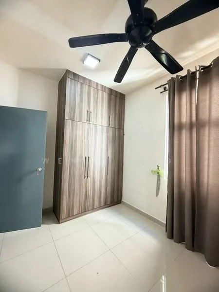 Bedroom features: built-in wardrobe with wood finish, floor-to-ceiling window, brown curtains, ceiling fan with 3 blades, white painted walls, glossy ceramic tile flooring, LED ceiling light; style: modern.