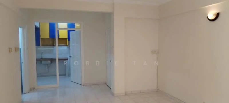 Room features: white painted walls, tile flooring, recessed lighting, sliding glass door, doorway leading to another room, kitchen area visible in background; style: modern.