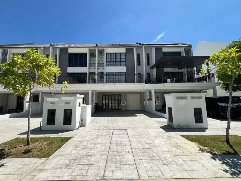 Exterior type: linked terrace house; features: two-storey building, grey painted facade, balconies on upper floor, covered porch area, manicured lawn, paved driveway, two parking spaces visible, modern architectural design; style: modern.