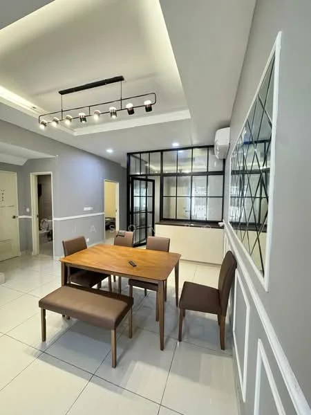 Dining features: rectangular wooden dining table, 4 upholstered dining chairs in brown, 2 wooden benches, white walls with wainscoting, grey accent wall, recessed ceiling lights, modern pendant light fixture, large mirror with decorative frame, floor-to-ceiling glass partition, air conditioning unit on wall, glossy white tile flooring; style: modern.