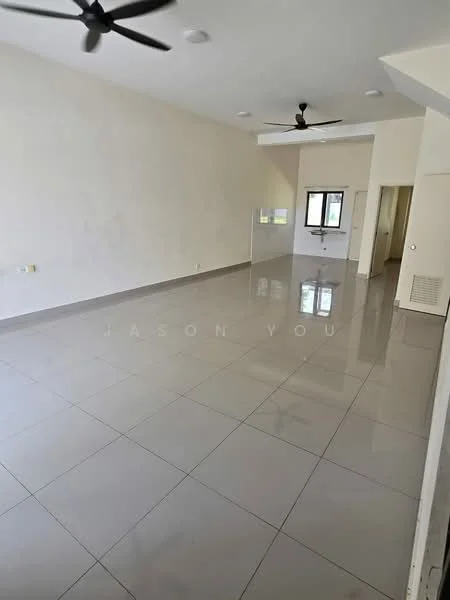 Room features: white painted walls, glossy ceramic tile flooring, 2 ceiling fans, large window, open layout, neutral color scheme, no visible furniture, high ceiling; style: modern.
