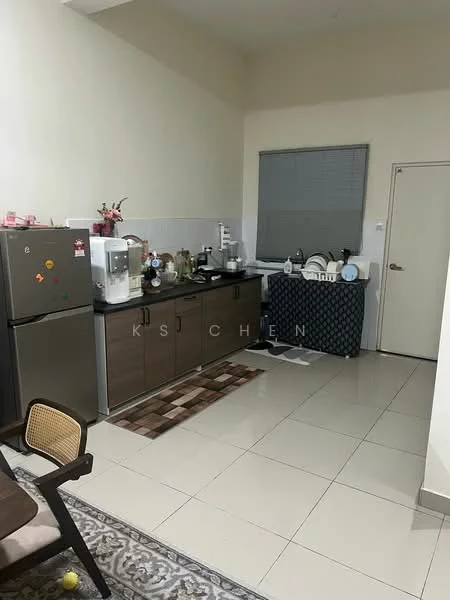 Kitchen features: stainless-steel fridge, black countertop, wood cabinetry, ceramic tile flooring, wall-mounted window with blinds, kitchen sink, coffee machine, microwave, toaster, decorative rug, dining table, chairs; style: modern.