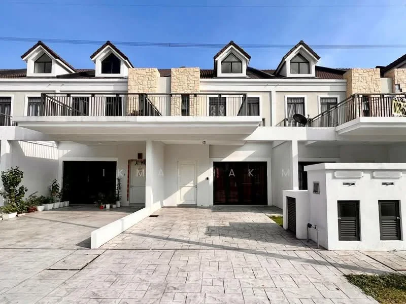 Exterior type: linked terrace house; features: two-storey building, white painted facade, stone cladding accents, pitched roof with gables, balconies with black railings, paved driveway, manicured landscaping, outdoor lighting, visible air conditioning units, front entrance with double doors; style: modern.