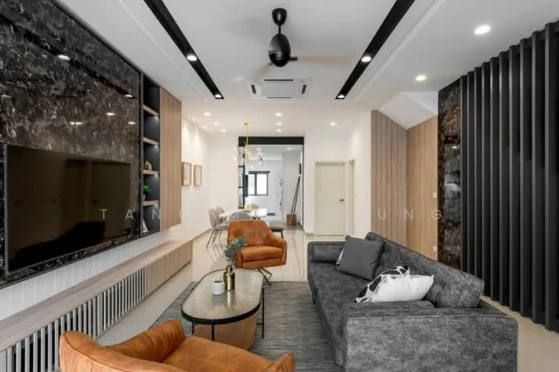 Living features: 3-seater fabric sofa in grey, 2-seater leather sofa in brown, coffee table with metal frame and glass top, wall-mounted TV, feature wall with dark marble cladding, wood paneling on one wall, recessed LED downlights, ceiling fan with light, air conditioning unit, decorative plant in ceramic pot, area rug with geometric pattern; style: modern.