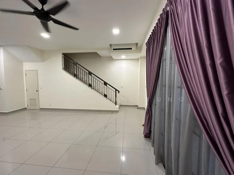 Living features: grey tiled flooring, white painted walls, ceiling fan, recessed LED downlights, large windows with sheer curtains, purple curtains, staircase with metal railing, air conditioning unit; style: modern.