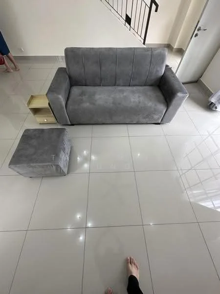 Living features: grey fabric sofa, square ottoman, glossy tile flooring, white painted walls, floor-to-ceiling windows, natural light, minimalist decor, small side table; style: modern.