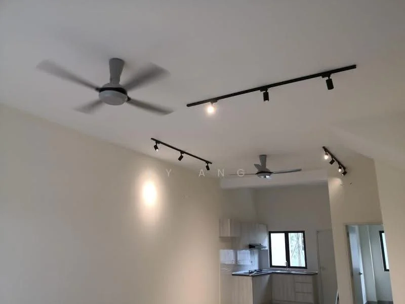 Room features: white painted walls, ceiling with recessed downlights, 2 ceiling fans, track lighting, wood cabinetry, kitchen countertop, window with view, open layout; style: modern.