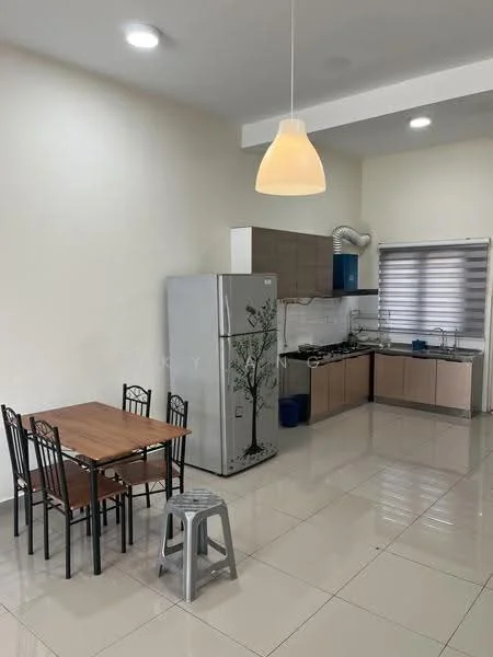 Kitchen features: white painted walls, glossy ceramic tile flooring, recessed downlights, single-bowl stainless-steel sink, chrome pull-down faucet, laminate countertop, wood cabinetry in light brown, built-in gas stove, stainless-steel fridge, dining table with four chairs, stool, window with horizontal blinds; style: modern.