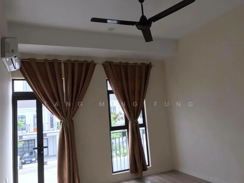 Room features: light wood flooring, white painted walls, ceiling fan, floor-to-ceiling windows, brown curtains, wall-mounted split AC, balcony door; style: modern; view: city.