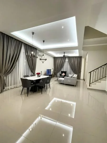 Living features: white painted walls, polished tile flooring, tray ceiling with recessed lighting, 5-blade ceiling fan with light, large windows with sheer curtains, grey fabric sofa, dining table with grey upholstered chairs, chandelier, decorative wall art, area rug, wall-mounted TV, open layout to adjacent space; style: modern.