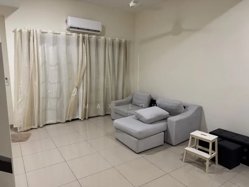Living features: light grey fabric sofa, single armchair, white side table, black storage box, cream curtains, wall-mounted split AC, glossy beige tile flooring, white painted walls, ceiling fan; style: modern.