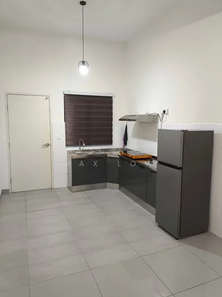 Kitchen features: grey cabinetry, stainless-steel fridge, single-bowl stainless-steel sink, chrome pull-down faucet, black roller blinds, wall-mounted range hood, ceramic tile flooring, white tiled backsplash, wooden countertop, pendant light, white painted walls, door to hallway; style: modern.
