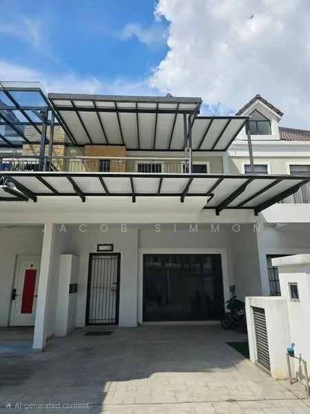 Exterior type: linked terrace house; features: flat roof with metal framing, open car porch with interlocking pavers, white painted facade, black metal gate, glass balcony railing, second-floor balcony, visible storage area on balcony, concrete wall, manicured landscaping, two-storey structure; style: modern.
