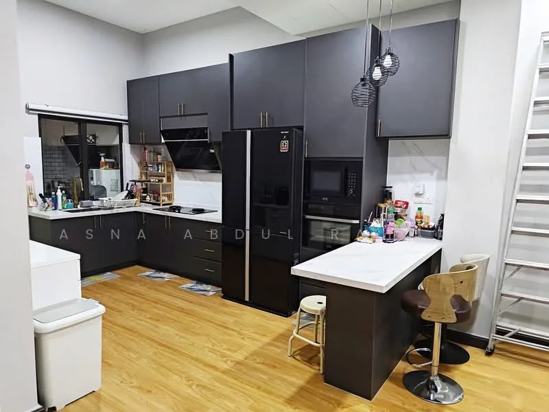 Kitchen features: black cabinetry, white marble countertop, stainless-steel refrigerator, built-in microwave, freestanding range oven, black sink, chrome pull-down faucet, tile backsplash, bar stools, wooden flooring, pendant lighting, open shelving, kitchen island; style: modern.