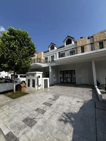 Exterior type: linked terrace house; features: two-storey building, white painted facade, stone cladding accents, pitched roof with gables, manicured lawn, paved driveway, balconies on upper level, large windows, front porch area, surrounded by greenery; style: modern.