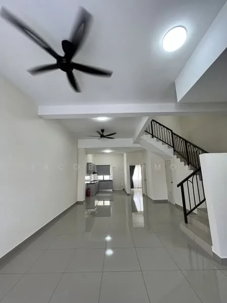Room features: grey polished tile flooring, white painted walls, exposed ceiling beams, 2 ceiling fans, recessed ceiling lights, staircase with metal railing, large windows for natural light; style: modern.