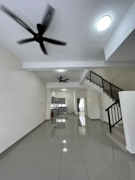 Living features: glossy grey tile flooring, white painted walls, exposed beams, 2 ceiling fans, recessed ceiling lights, open layout, staircase with black railing, large windows for natural light; style: modern. Kitchen features: open kitchen layout, grey tile flooring, white cabinetry, stainless-steel appliances, kitchen island, pendant lighting; style: modern.