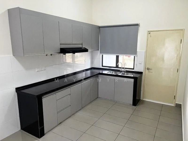 Kitchen features: grey cabinetry, black countertop, stainless-steel sink, chrome pull-down faucet, built-in oven, ceramic tile flooring, white tiled backsplash, window with roller blinds, single-bowl sink, exhaust hood, kitchen cabinets with handles; style: modern.