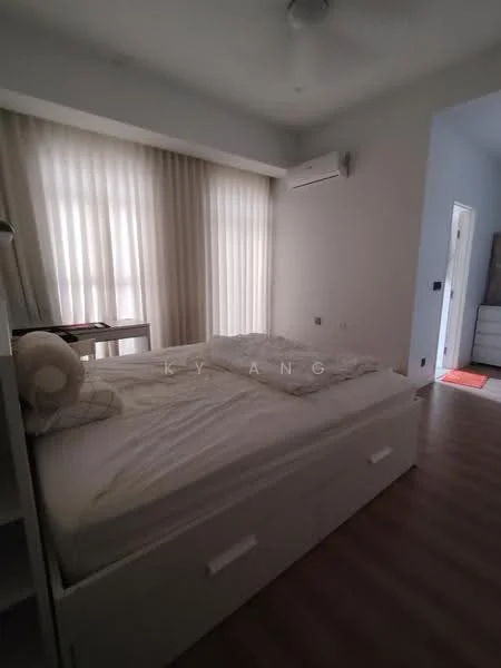 Bedroom features: queen-size bed with white bedding, upholstered headboard, wooden flooring, floor-to-ceiling windows with sheer curtains, wall-mounted air conditioning unit, built-in wardrobe, decorative pillow, light-colored walls, ceiling fan; style: modern.