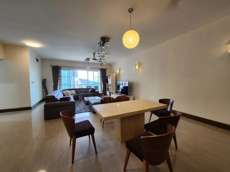 Dining features: rectangular dining table, 8 dining chairs, chandelier with multiple bulbs, pendant light, wall-mounted TV, 3-seater fabric sofa in grey, area rug, large window with city view, cream painted walls, tile flooring; style: modern; view: city. Living features: 3-seater fabric sofa in grey, wall-mounted TV, area rug, large window with city view, cream painted walls, tile flooring; style: modern; view: city.
