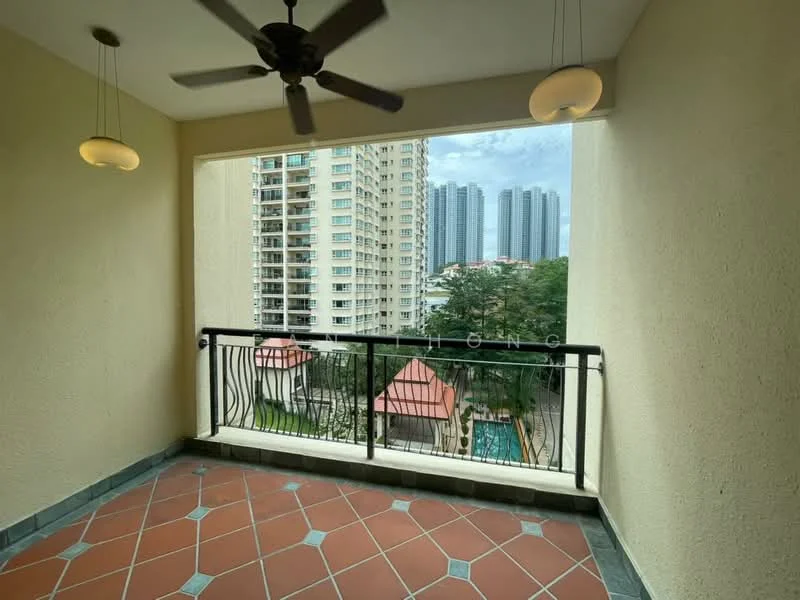 Balcony features: terracotta tile flooring, black metal railing, 2 pendant lights, ceiling fan, view of swimming pool, view of surrounding buildings, covered area; view: pool.
