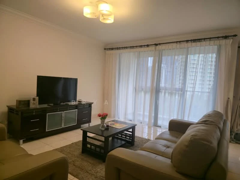 Living features: beige leather 3-seater sofa, beige leather 2-seater sofa, black coffee table, TV console with glass doors, wall-mounted flat-screen TV, sheer curtains, white walls, recessed ceiling lights, area rug, large sliding glass door, tile flooring; style: modern; view: city.