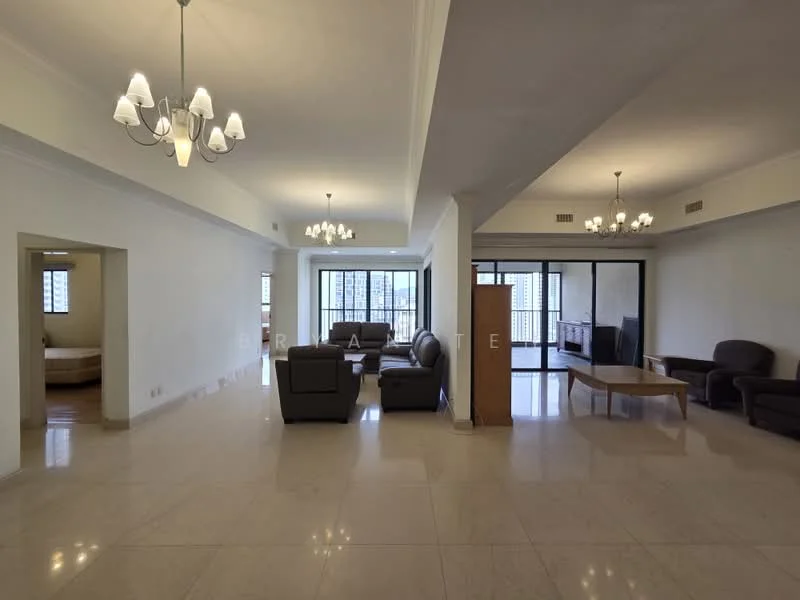Living features: marble tile flooring, white painted walls, tray ceiling with recessed lighting, chandelier lighting, 2-seater fabric sofa in brown, 3-seater fabric sofa in brown, wooden coffee table, TV console, floor-to-ceiling windows, curtains, open layout, natural light; style: modern. Room features: marble tile flooring, white painted walls, tray ceiling with recessed lighting, chandelier lighting.