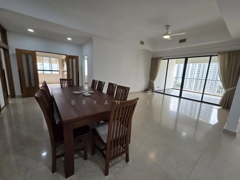 Dining features: large wooden dining table, 8 wooden dining chairs, marble flooring, white painted walls, 5-blade ceiling fan, floor-to-ceiling windows, sliding glass door, curtains, natural light, open layout to living area, view of city skyline; style: modern; view: city. Living features: marble flooring, white painted walls, 5-blade ceiling fan, floor-to-ceiling windows, sliding glass door, curtains, natural light, open layout to dining area, view of city skyline; style: modern; view: city.