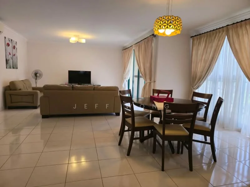 Living features: cream painted walls, white ceiling, recessed downlights, 5-blade ceiling fan, large windows with sheer curtains, floor-to-ceiling windows, light-colored tiled flooring, 3-seater fabric sofa in beige, wall-mounted TV, coffee table, dining table with 4 chairs, decorative artwork on walls; style: modern.