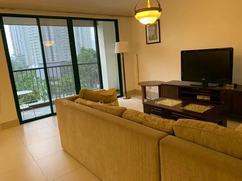 Living features: beige fabric sofa, coffee table, TV console, wall-mounted TV, floor-to-ceiling windows, sliding glass door, laminate flooring, ceiling light fixture, decorative lamp, greenery view from window; style: modern; view: garden.