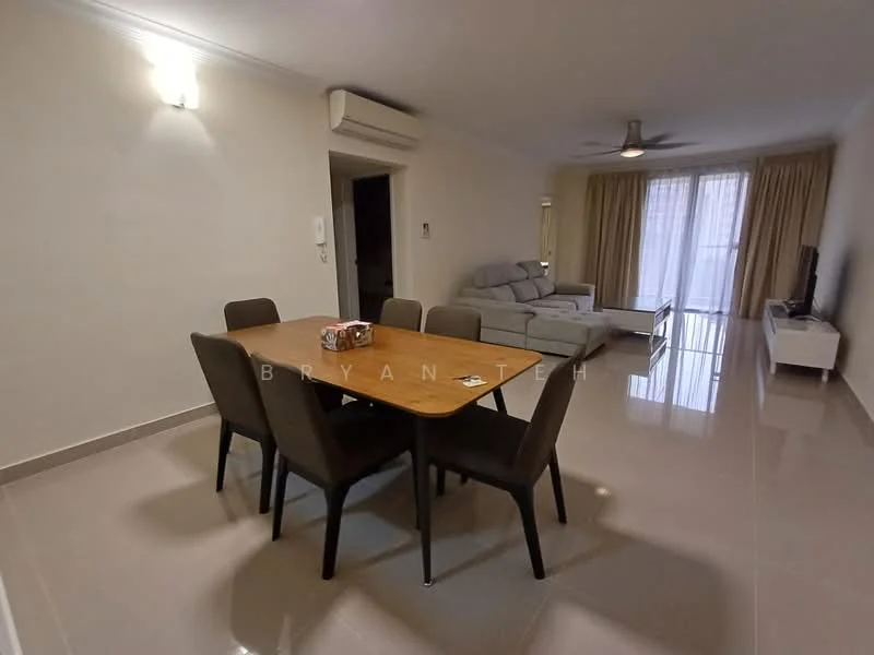 Dining features: 6-seater dining table, brown upholstered dining chairs, polished ceramic tile flooring, white painted walls, recessed downlights, wall-mounted air conditioning unit, floor-to-ceiling windows with sheer curtains, light grey sofa, TV console, wall-mounted TV; style: modern.