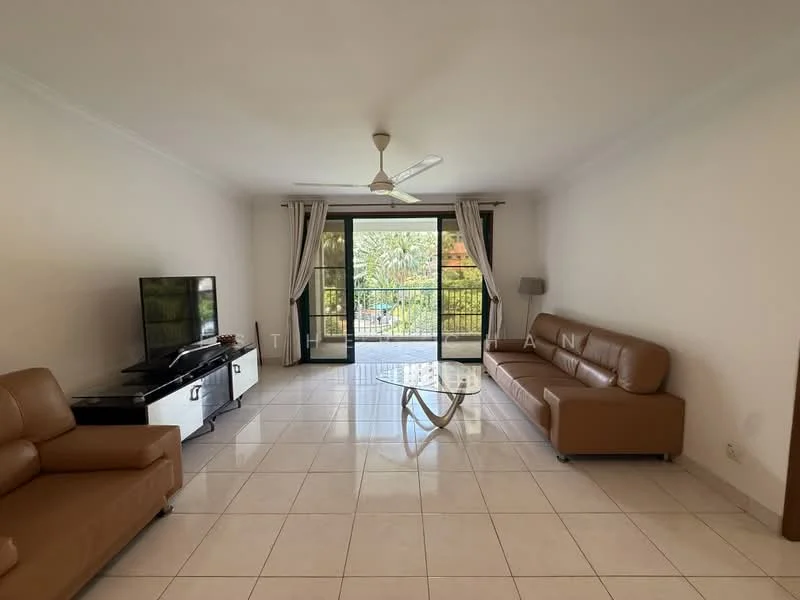Living features: 2-seater leather sofa in beige, 3-seater leather sofa in beige, glass coffee table, wall-mounted TV, TV console in black, floor-to-ceiling windows, sliding glass door, curtains, ceiling fan with light, white painted walls, tile flooring; style: modern; view: garden.